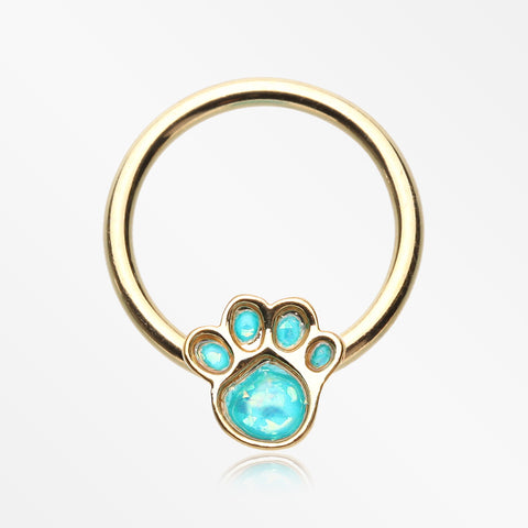 Golden Adorable Paw Print Opalescent Sparkle Captive Bead Ring-Teal