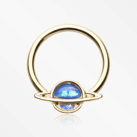 Golden Opalescent Galaxy Planet Captive Bead Ring-Blue
