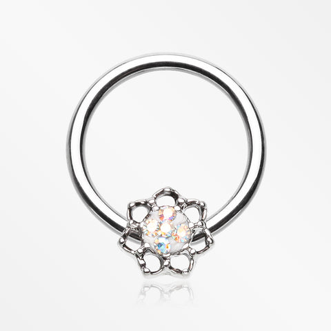 Lotus Filigree Multi-Gem Sparkle Captive Bead Ring-Aurora Borealis