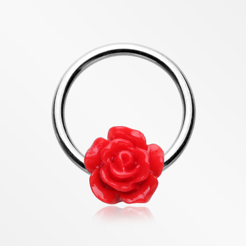 Dainty Rose Blossom Steel Captive Bead Ring-Red