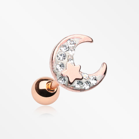 Rose Gold Crescent Moon Star Sparkle Cartilage Tragus Barbell-Clear
