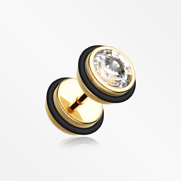A Pair of Gold PVD Gem Top Fake Plug with O-Rings-Clear