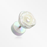 A Pair of Full Bloom Rose Iridescent Metallic Pearl Fake Plug-White