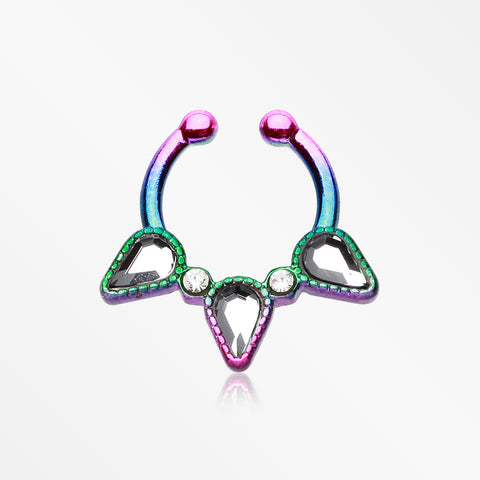 Colorline Sparkle Trident Fake Septum Clip-On Ring-Rainbow/Clear