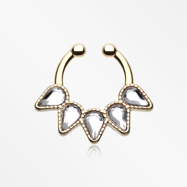 Golden Quinary Spear Fake Septum Clip-On Ring-Clear