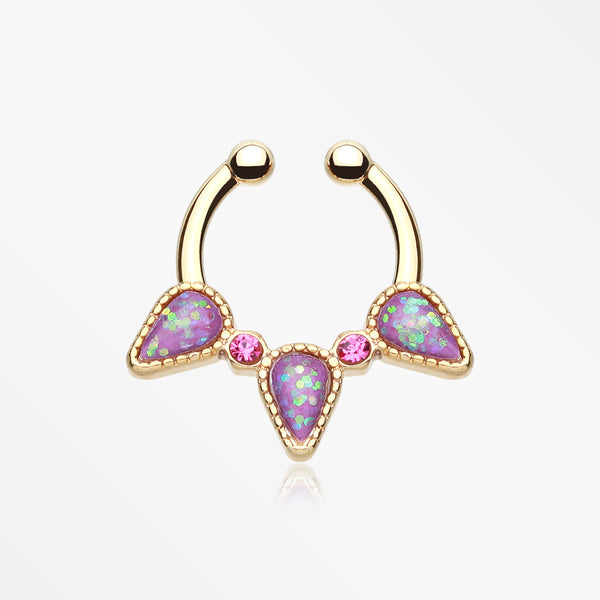 Golden Opal Sparkle Trident Fake Septum Clip-On Ring-Purple