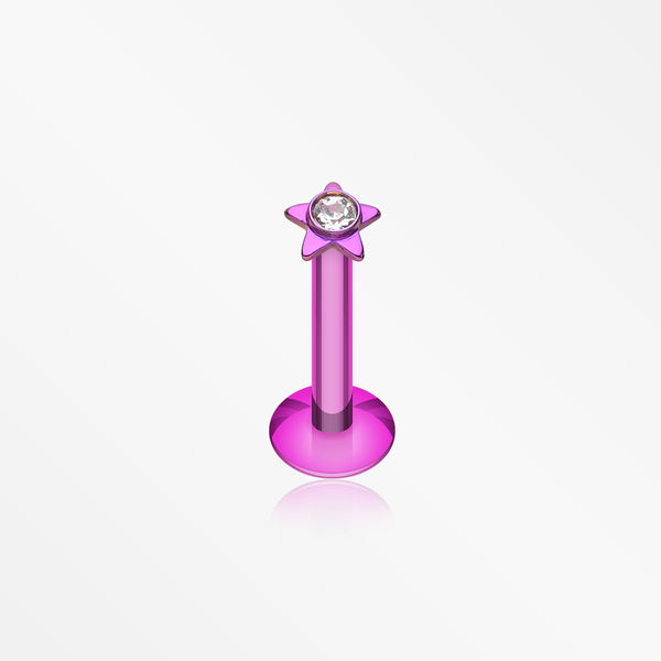 Colorline Sparkle Star Top Internally Threaded Labret-Purple/Clear