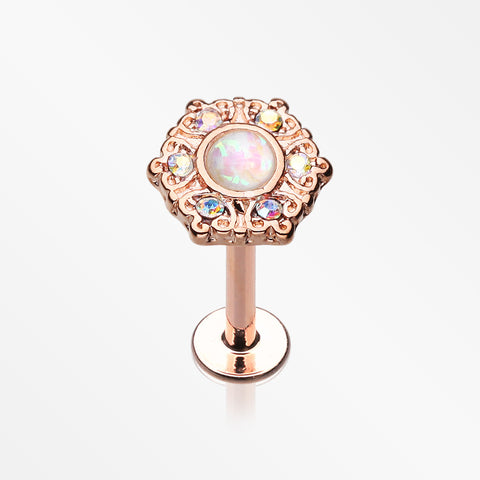Rose Gold Ornate Mandala Sparkle Opal Labret-Aurora Borealis/White