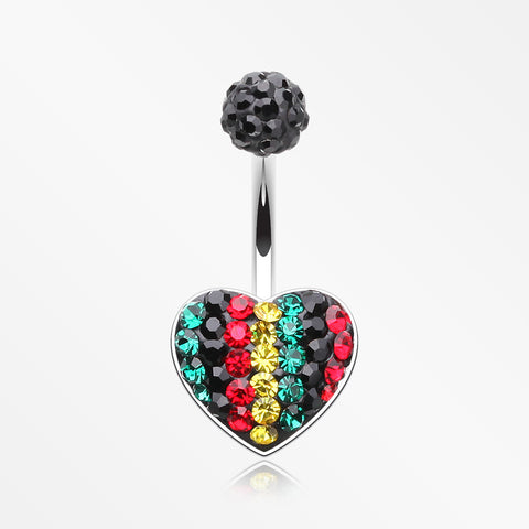 Rasta Jamaican Multi-Gem Sparkle Heart Belly Button Ring-Rainbow/Multi-Color