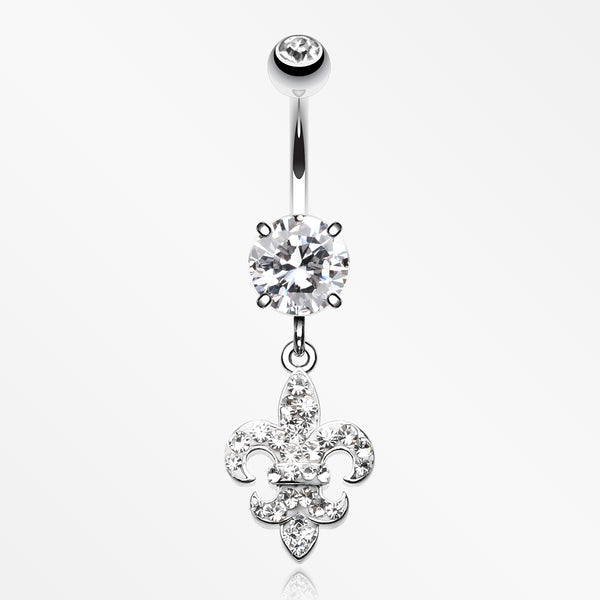 Royal Fleur De Lis Multi-Gem Sparkle Dangle Belly Button Ring-Clear