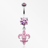 Royal Fleur De Lis Multi-Gem Sparkle Dangle Belly Button Ring-Light Pink