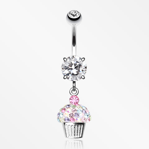 Cupcake Delight Multi-Gem Sparkle Dangle Belly Button Ring-Clear/Rainbow