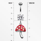 Exotic Mushroom Multi-Gem Sparkle Dangle Belly Button Ring-Clear/Red