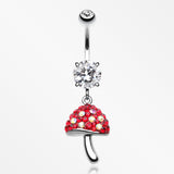 Exotic Mushroom Multi-Gem Sparkle Dangle Belly Button Ring-Clear/Red
