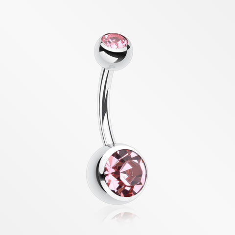 Double Gem Ball Steel Belly Button Ring-Light Pink
