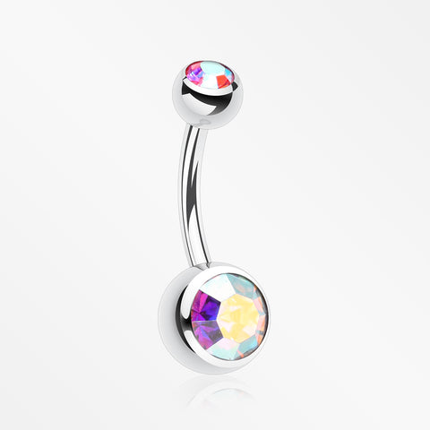 Double Gem Ball Steel Belly Button Ring-Pink/Aurora Borealis