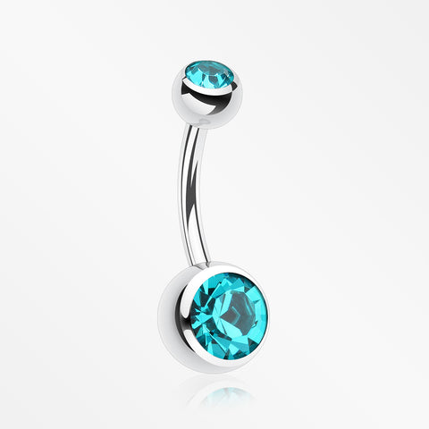 Double Gem Ball Steel Belly Button Ring-Teal