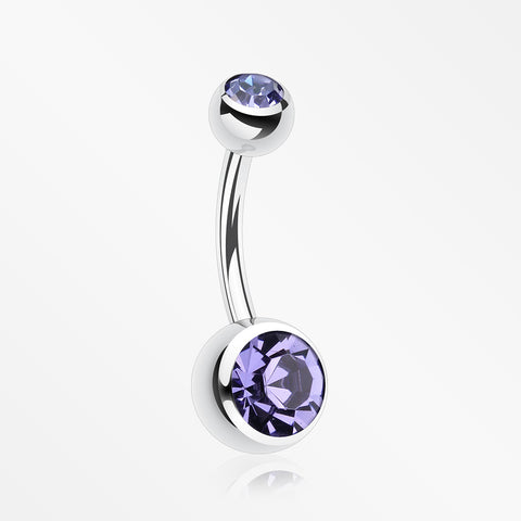 Double Gem Ball Steel Belly Button Ring-Tanzanite