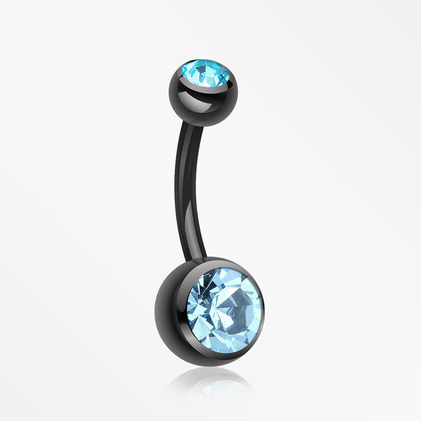 Colorline Double Gem Ball Steel Belly Button Ring-Black/Aqua