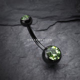 Colorline Double Gem Ball Steel Belly Button Ring-Black/Light Green