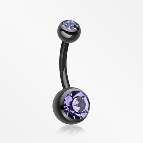 Colorline Double Gem Ball Steel Belly Button Ring-Black/Tanzanite