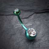 Colorline Double Gem Ball Steel Belly Button Ring-Green/Clear