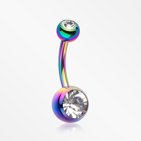 Colorline Double Gem Ball Steel Belly Button Ring-Rainbow/Clear