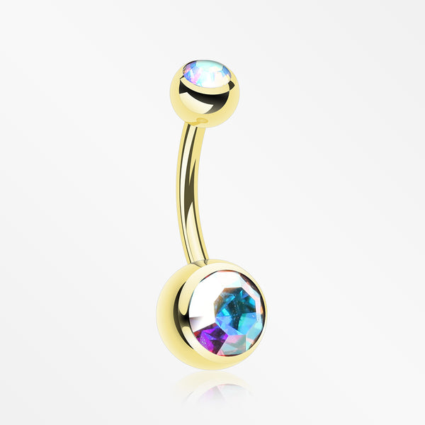 Gold PVD Double Gem Ball Steel Belly Button Ring-Aurora Borealis