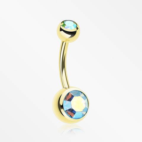 Gold PVD Double Gem Ball Steel Belly Button Ring-Aqua/Aurora Borealis