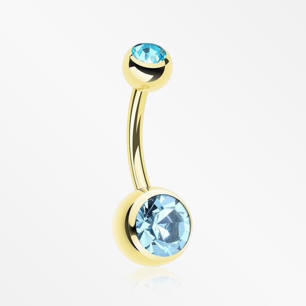 Gold PVD Double Gem Ball Steel Belly Button Ring-Aqua