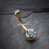 Gold PVD Double Gem Ball Steel Belly Button Ring-Aqua
