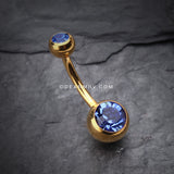 Gold PVD Double Gem Ball Steel Belly Button Ring-Blue