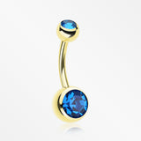 Gold PVD Double Gem Ball Steel Belly Button Ring-Capri Blue