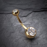 Gold PVD Double Gem Ball Steel Belly Button Ring-Clear