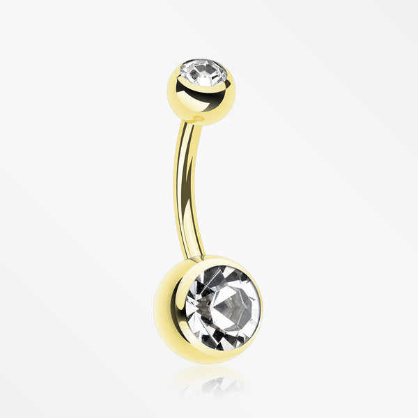 Gold PVD Double Gem Ball Steel Belly Button Ring-Clear