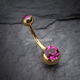 Gold PVD Double Gem Ball Steel Belly Button Ring-Fuchsia