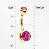 Gold PVD Double Gem Ball Steel Belly Button Ring-Fuchsia