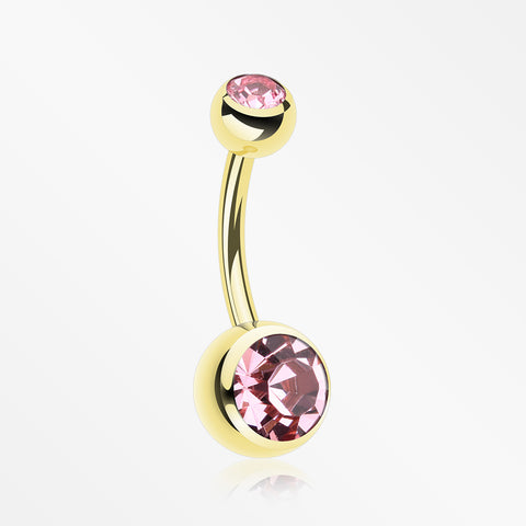 Gold PVD Double Gem Ball Steel Belly Button Ring-Light Pink