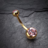 Gold PVD Double Gem Ball Steel Belly Button Ring-Light Pink