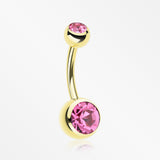 Gold PVD Double Gem Ball Steel Belly Button Ring-Pink