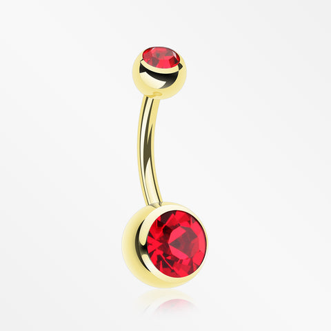 Gold PVD Double Gem Ball Steel Belly Button Ring-Red