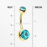 Gold PVD Double Gem Ball Steel Belly Button Ring-Teal