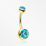 Gold PVD Double Gem Ball Steel Belly Button Ring-Teal