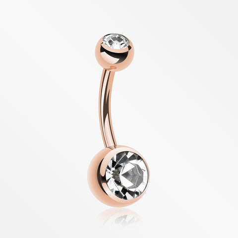 Rose Gold Double Gem Ball Steel Belly Button Ring-Clear