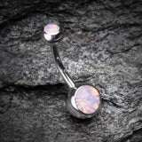 Opalite Double Gem Ball Steel Belly Button Ring-Rose Water