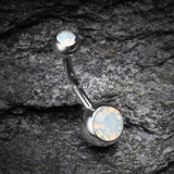 Opalite Double Gem Ball Steel Belly Button Ring-White
