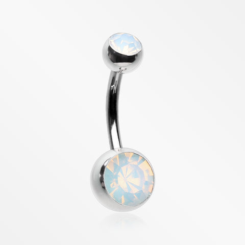 Opalite Double Gem Ball Steel Belly Button Ring-White