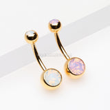 Golden Opalite Double Gem Ball Steel Belly Button Ring-White