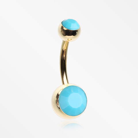Golden Turquoise Double Gem Ball Steel Belly Button Ring-Turquoise