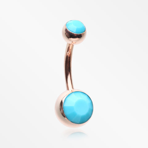 Rose Gold Turquoise Double Gem Ball Steel Belly Button Ring-Turquoise